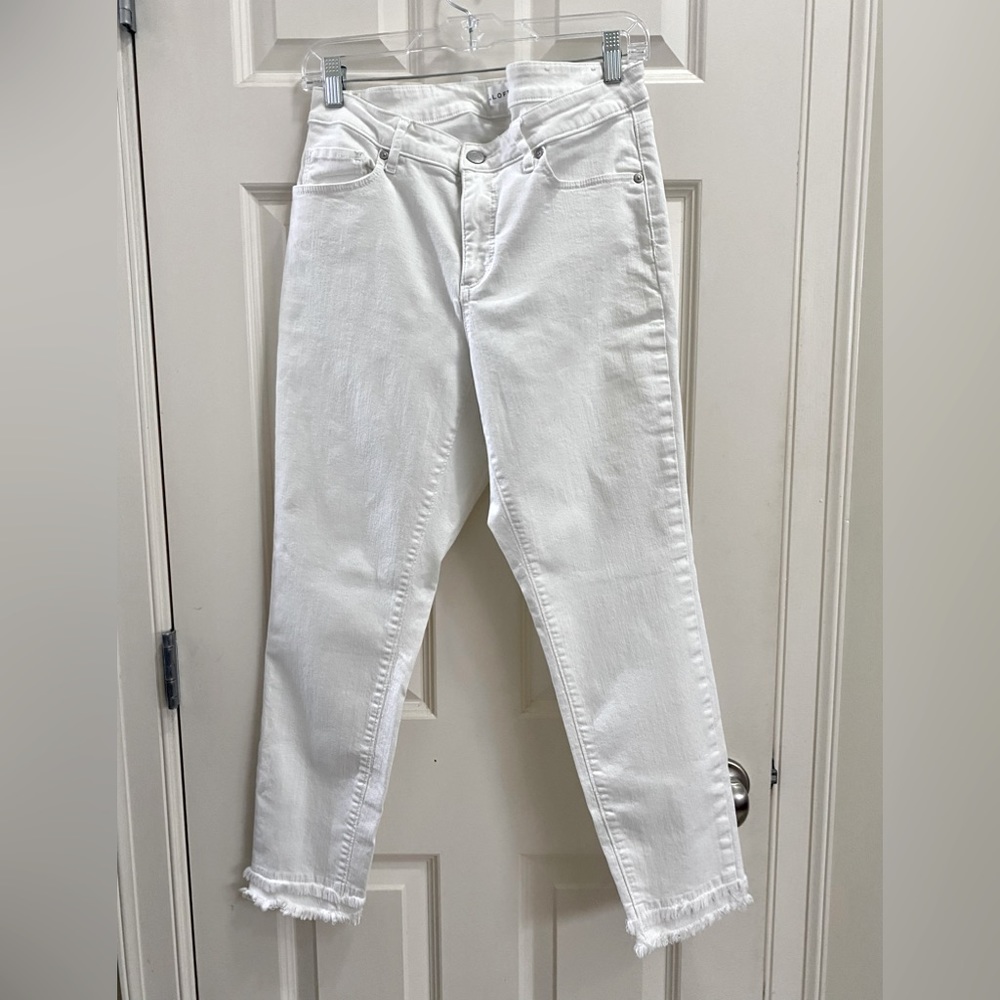 LOFT white denim with double fray detail at the hem. Size 10
